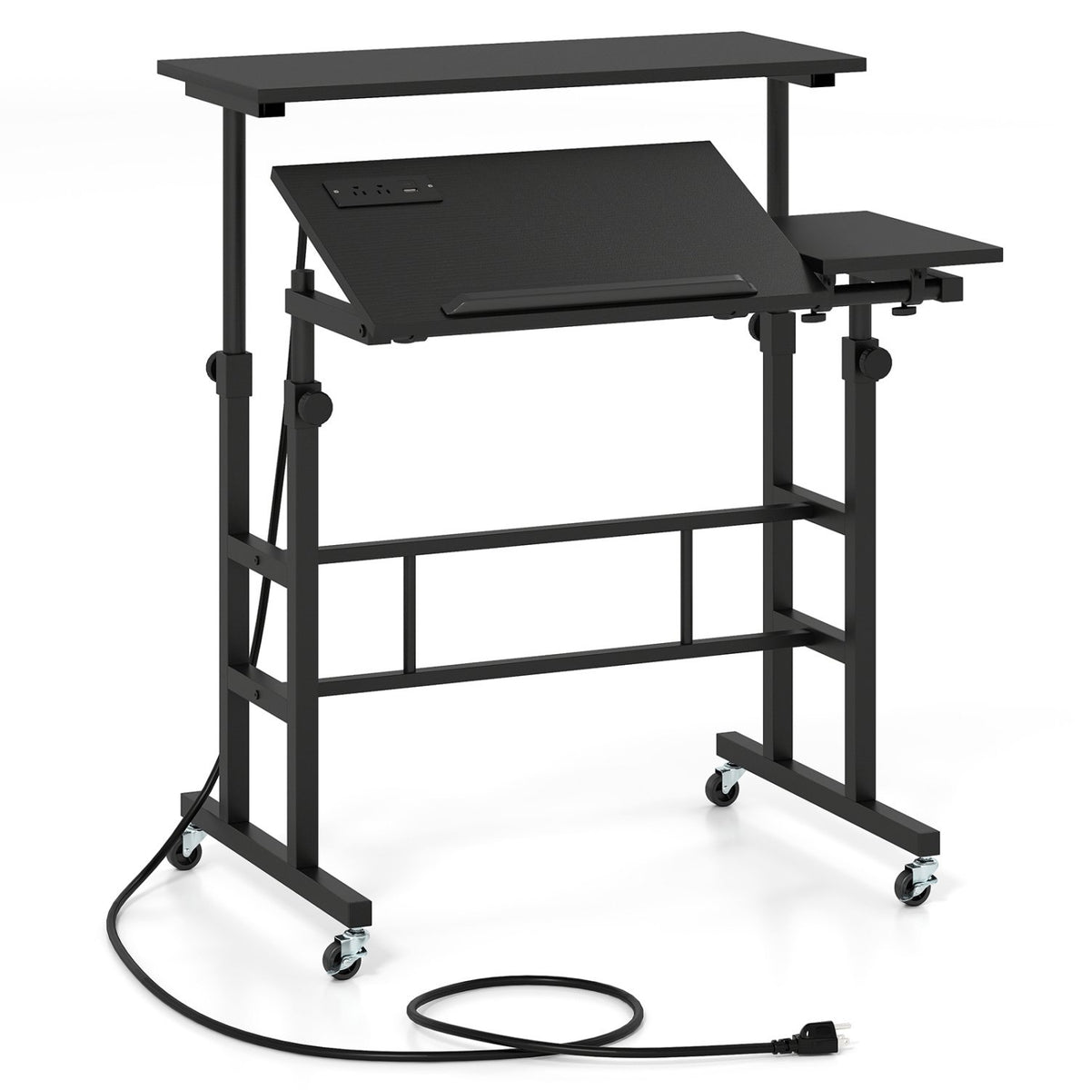 Mobile Stand-up Computer Desk Adjustable with 2 Tilting Desktops-Black