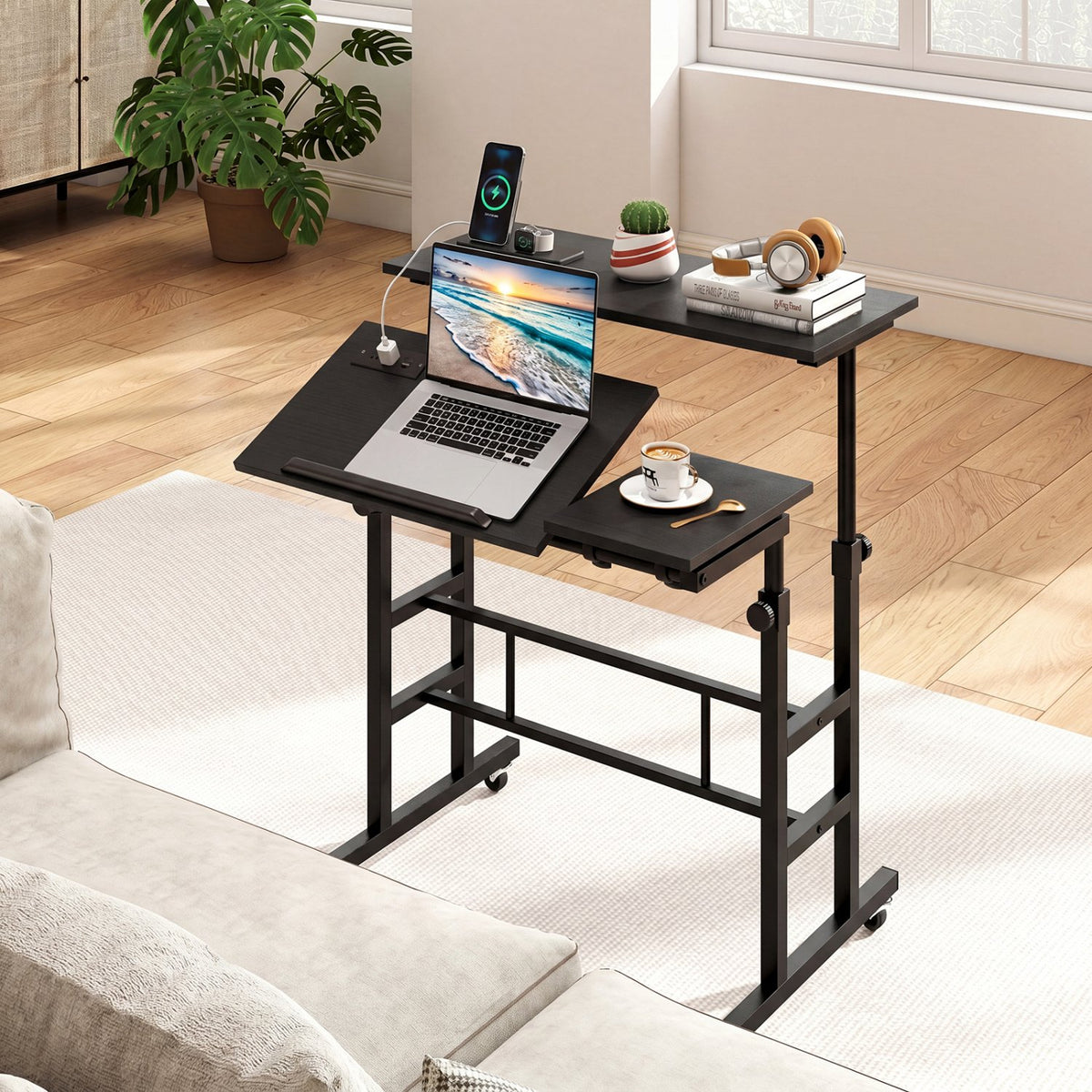 Mobile Stand-up Computer Desk Adjustable with 2 Tilting Desktops-Black view 2