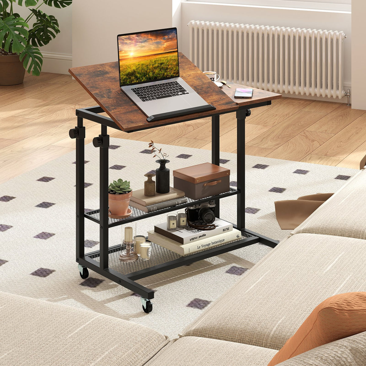 Mobile Stand up Desk Height Adjustable Standing Table with Tilting Tabletop-Rustic Brown view 2