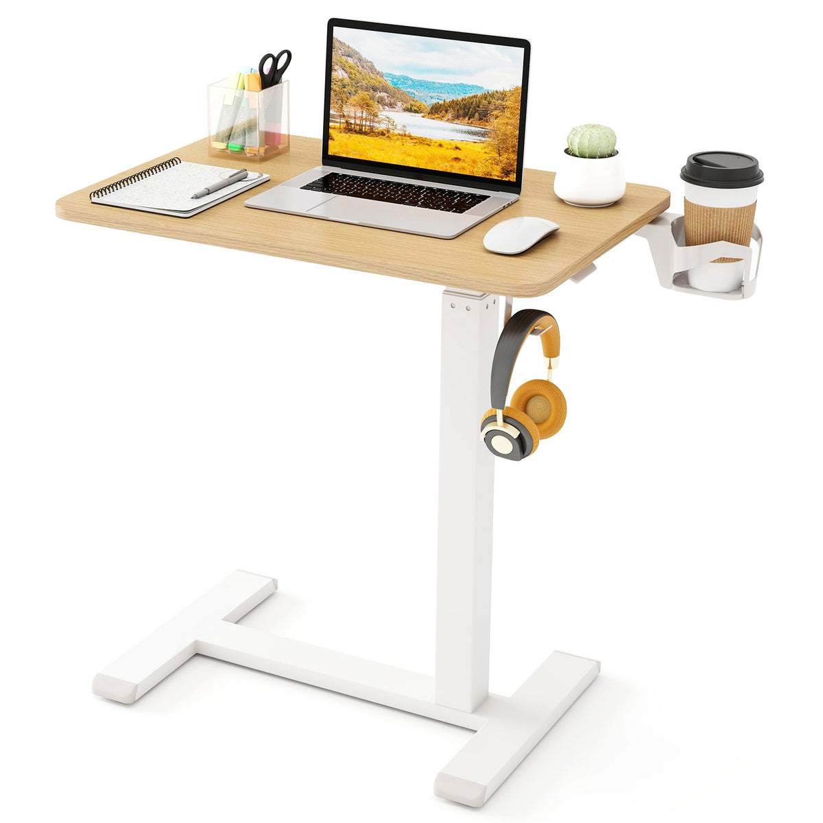 Mobile Standing Desk Height Adjustable Overbed Bedside Table with Cup Holder-Natural view 4