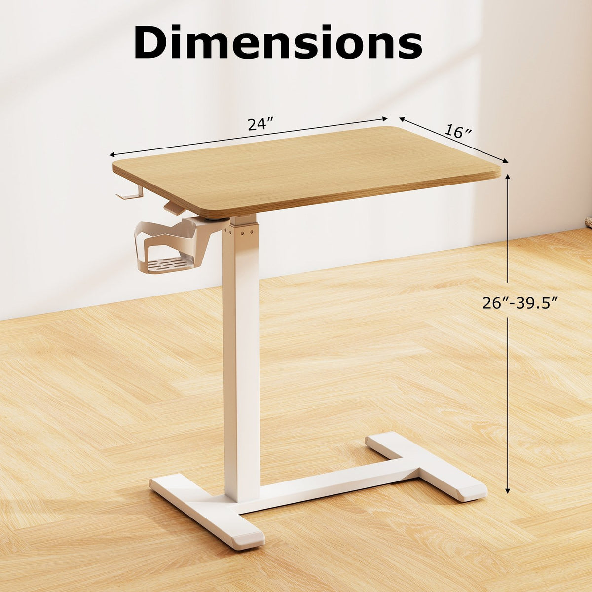 Mobile Standing Desk Height Adjustable Overbed Bedside Table with Cup Holder-Natural view 5