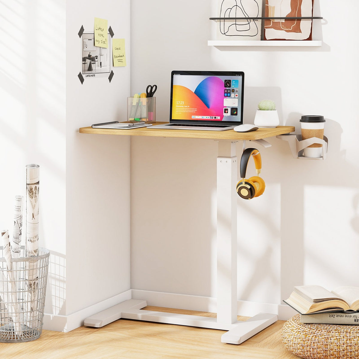 Mobile Standing Desk Height Adjustable Overbed Bedside Table with Cup Holder-Natural view 6