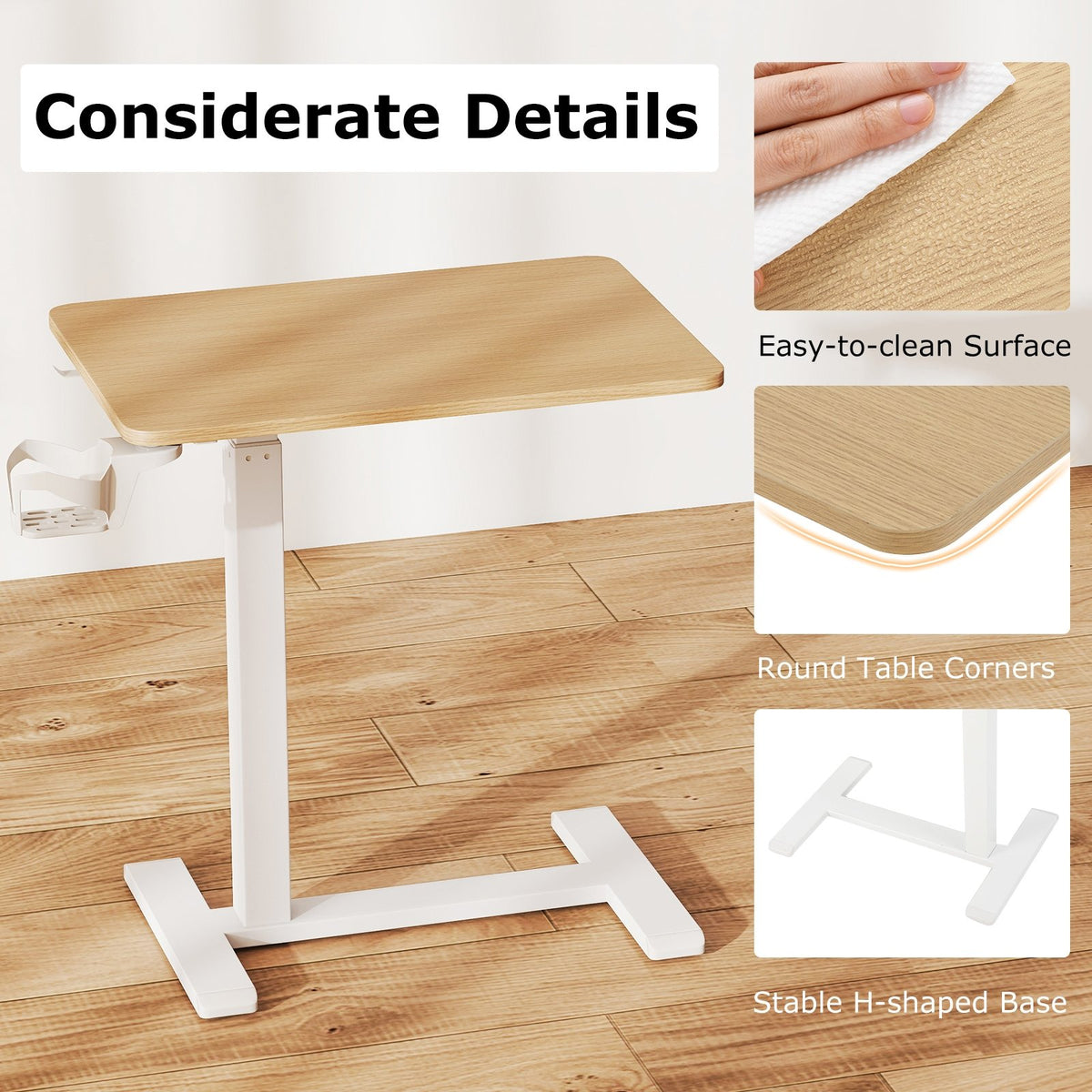 Mobile Standing Desk Height Adjustable Overbed Bedside Table with Cup Holder-Natural view 7