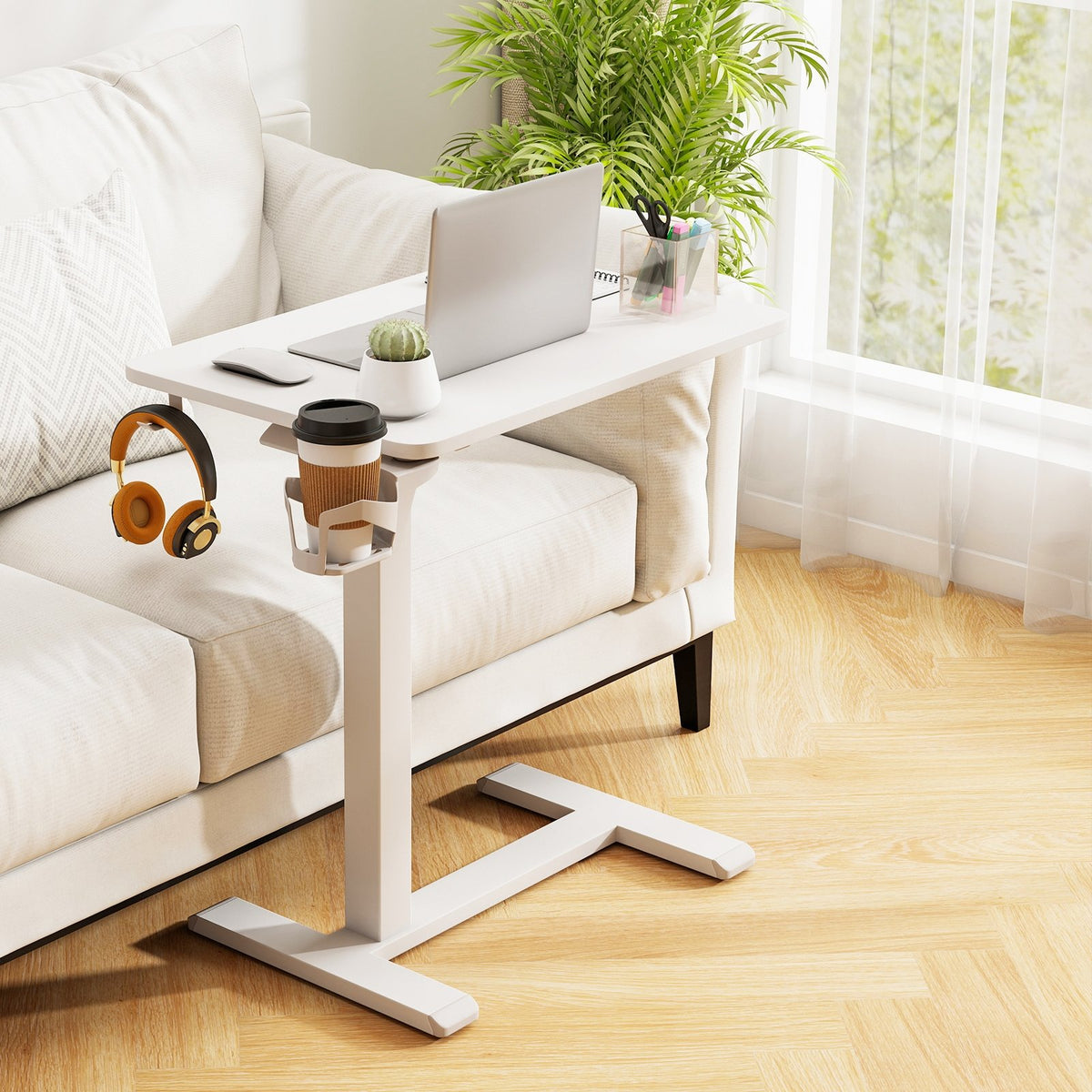 Mobile Standing Desk Height Adjustable Overbed Bedside Table with Cup Holder-White view 2