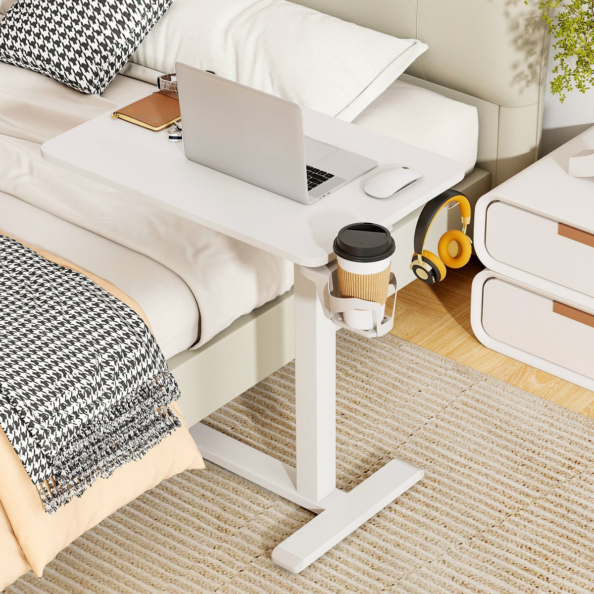 Mobile Standing Desk Height Adjustable Overbed Bedside Table with Cup Holder-White view 3