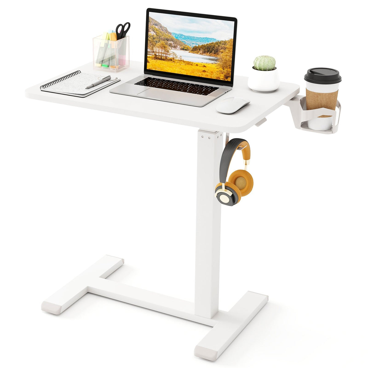 Mobile Standing Desk Height Adjustable Overbed Bedside Table with Cup Holder-White view 4
