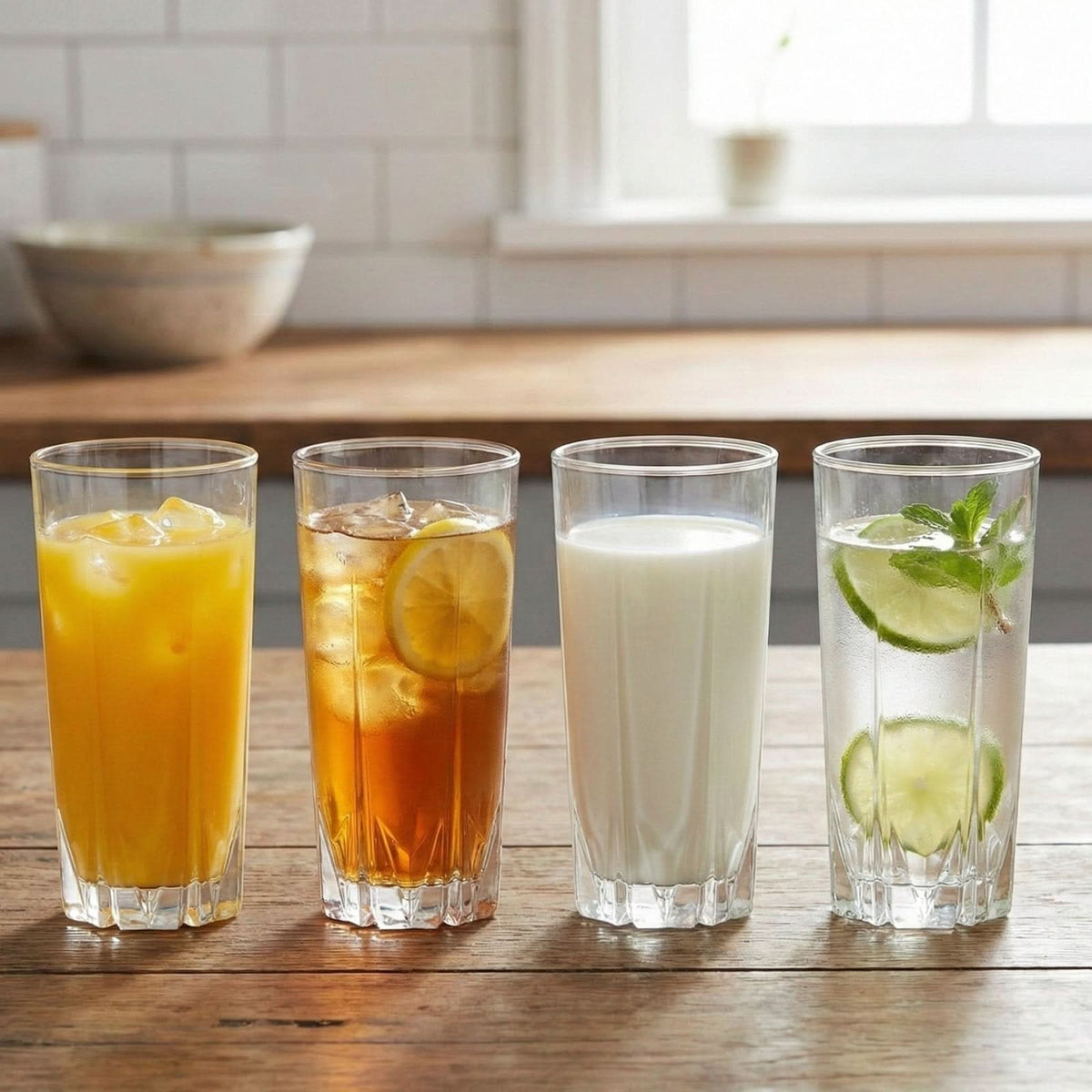 Erika Long Drink Glasses, Set of 4, 15 oz Lead-Free Highball Glasses | Kitchen Smart