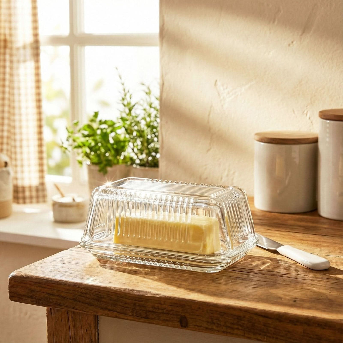 Moda Tavola Glass Butter Dish with Lid, 6.5 in Ribbed Two-Piece Dish | Kitchen Smart