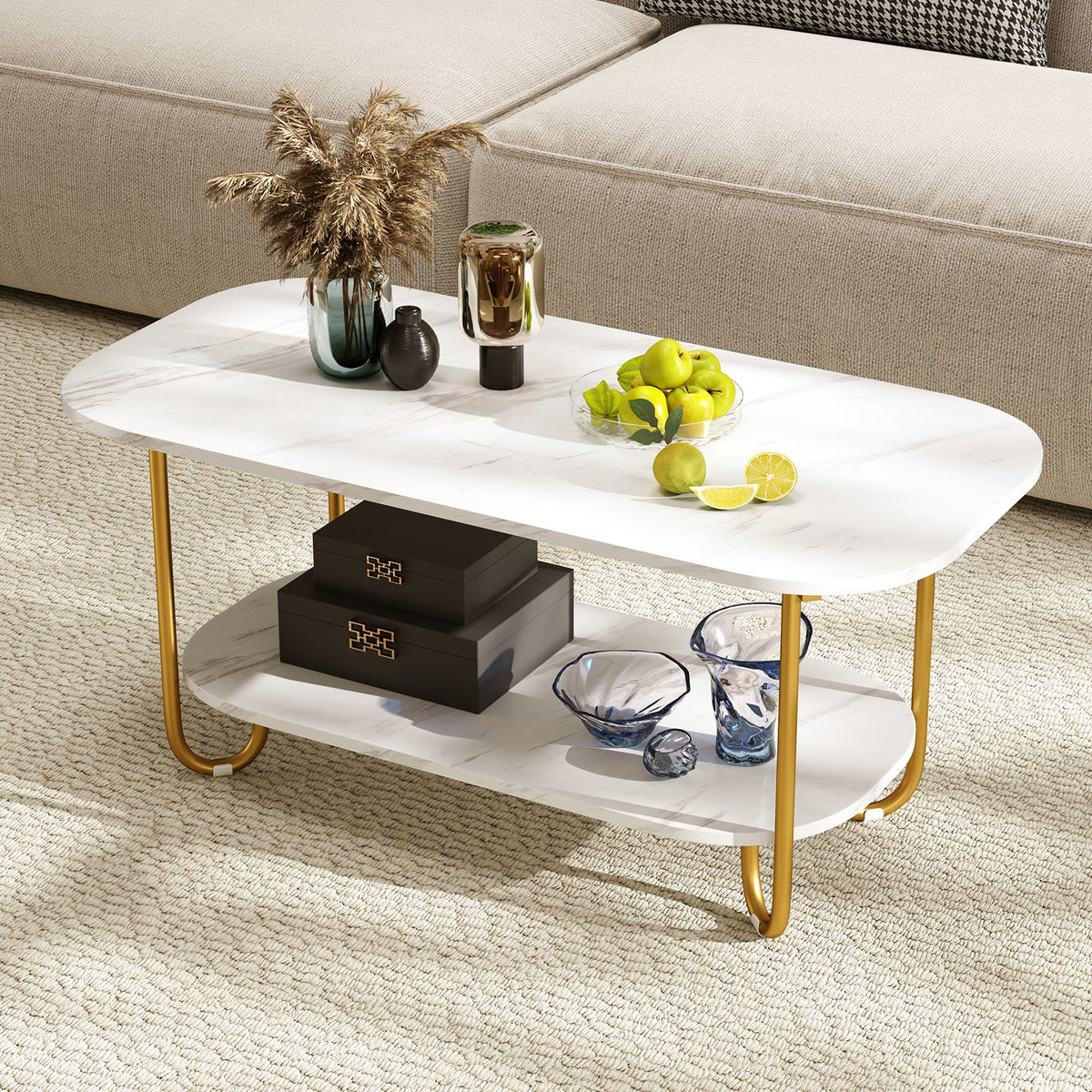 Modern 2-tier Faux Marble Top Coffee Table-White view 2