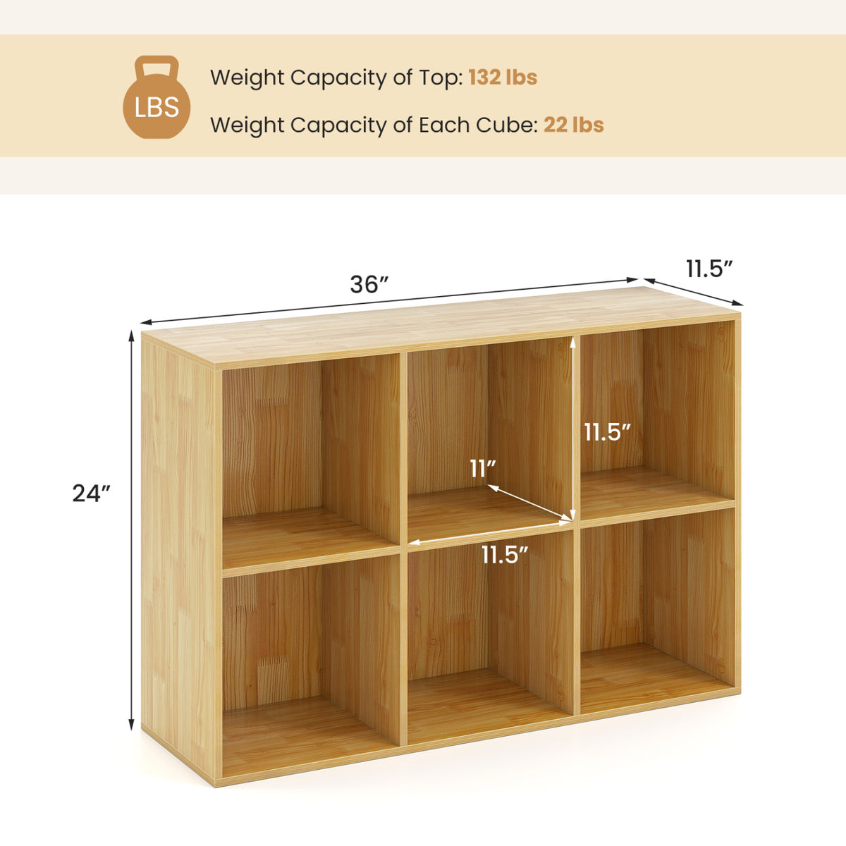 Modern 6-Cube Bookcase with Anti-tipping Kits for Bedroom Living Room-Burlywood view 4