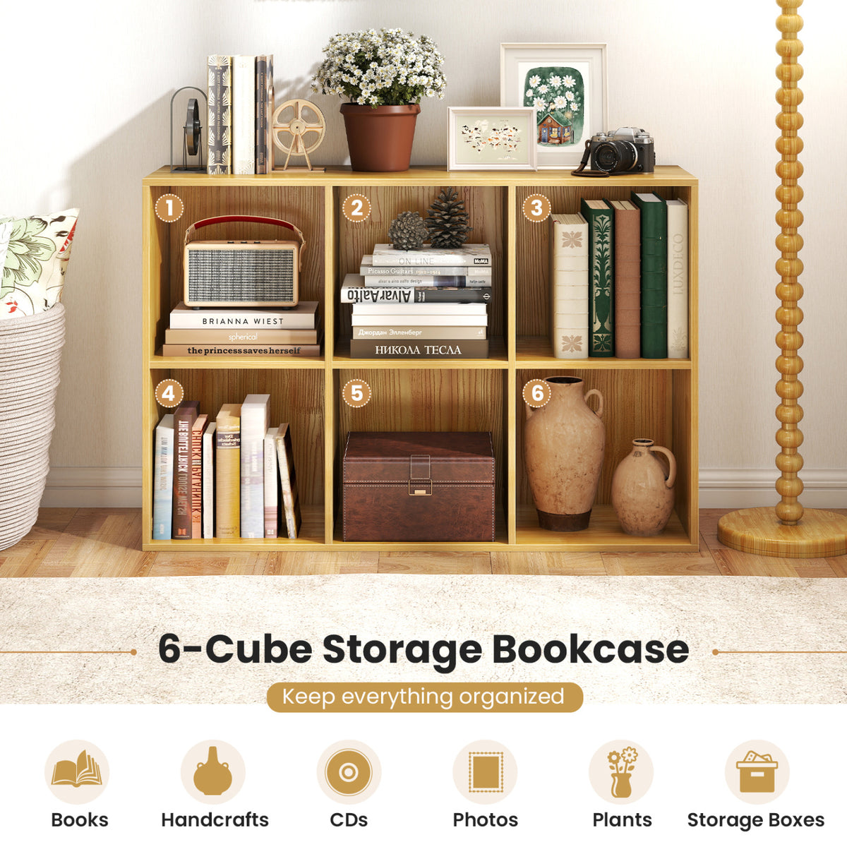 Modern 6-Cube Bookcase with Anti-tipping Kits for Bedroom Living Room-Burlywood view 5
