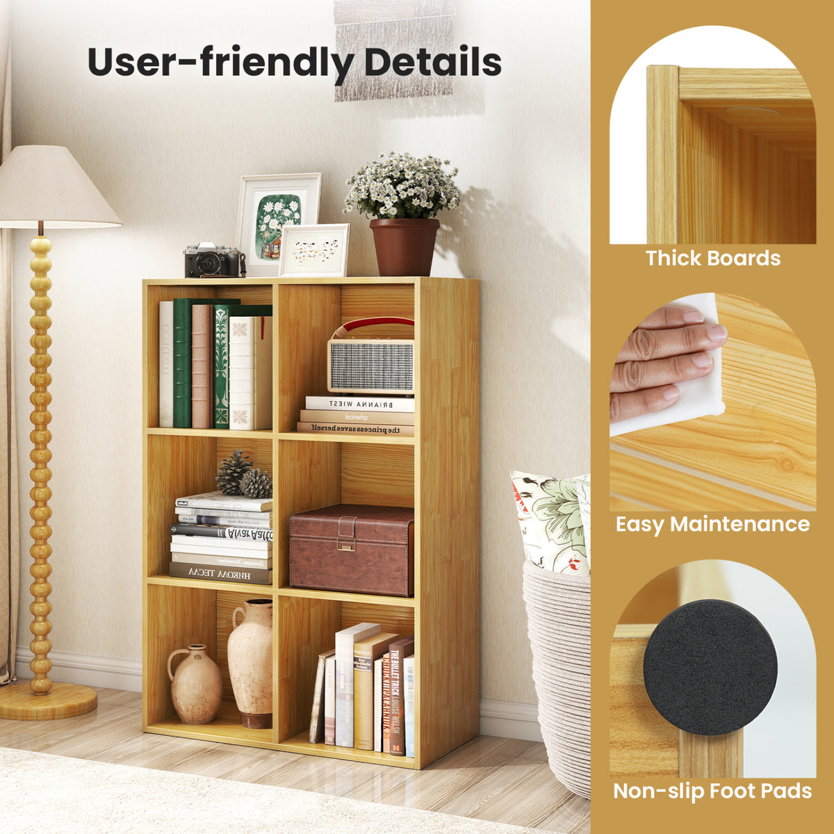 Modern 6-Cube Bookcase with Anti-tipping Kits for Bedroom Living Room-Burlywood view 8