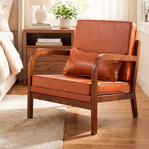 Modern Accent Chair Faux Leather Linen Fabric Upholstered Armchair-Brown view 3