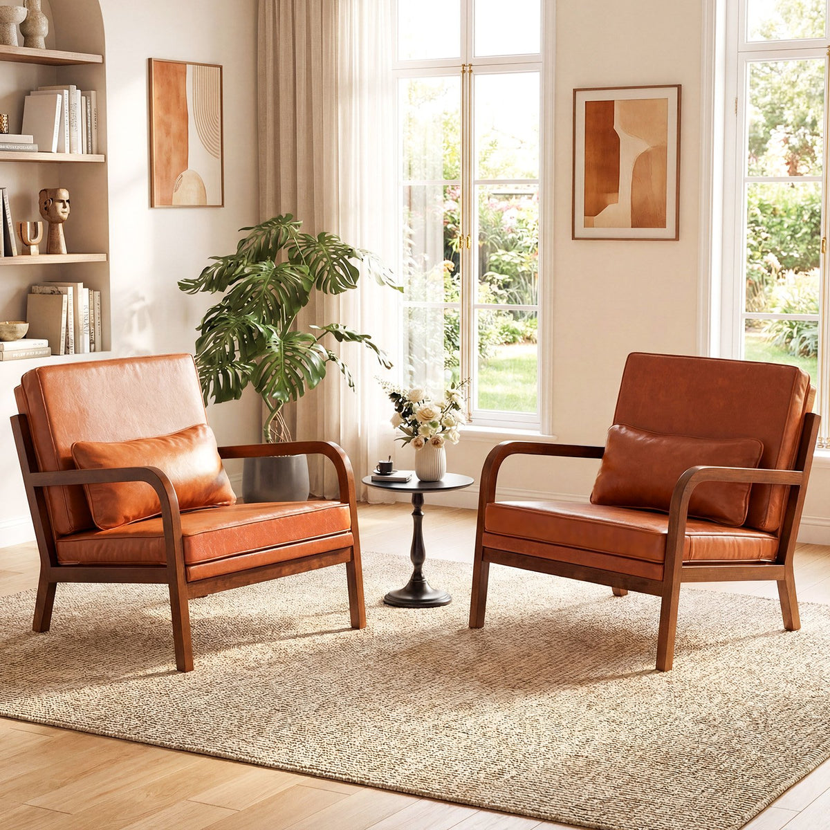 Modern Accent Chair Faux Leather Linen Fabric Upholstered Armchair-Brown view 5