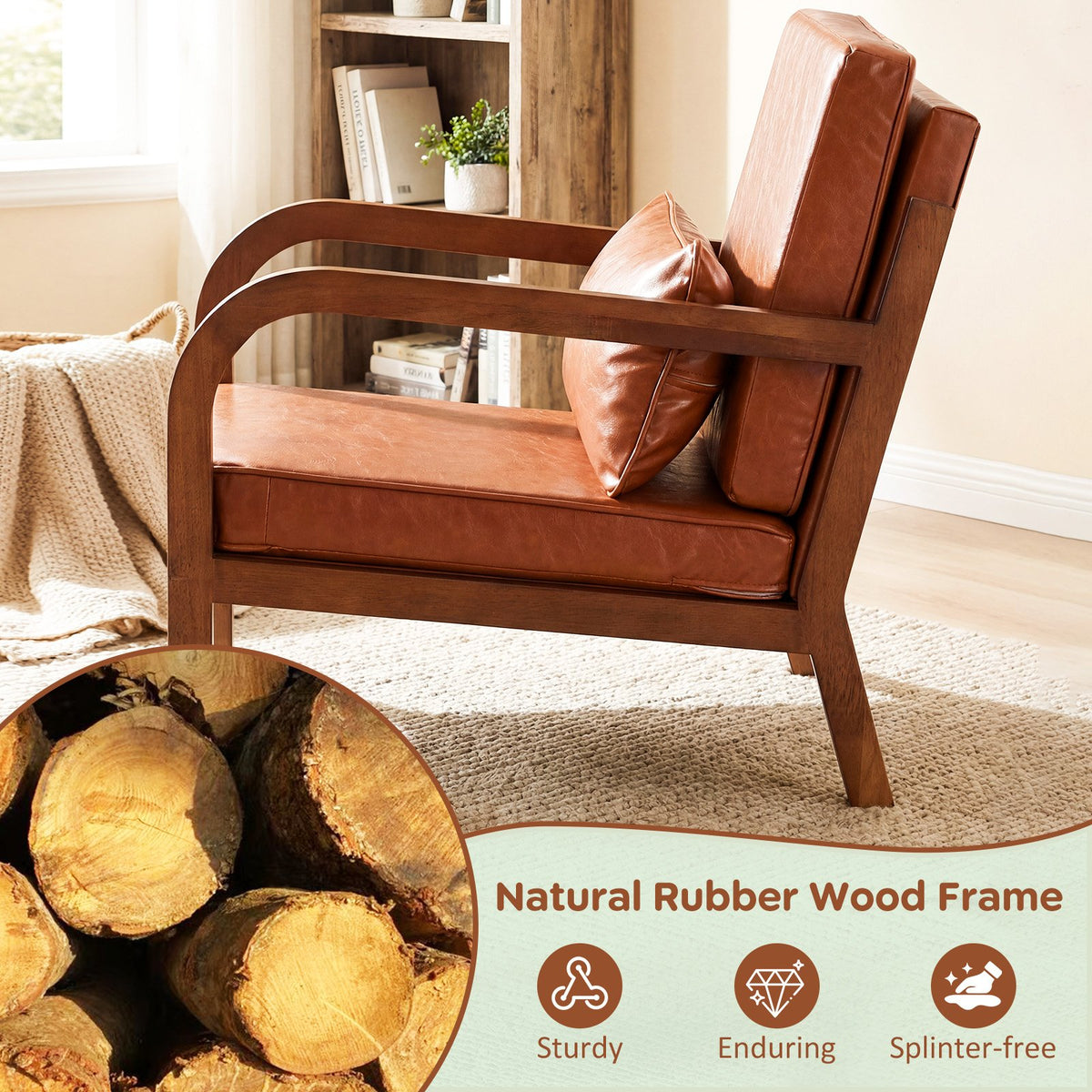 Modern Accent Chair Faux Leather Linen Fabric Upholstered Armchair-Brown view 6