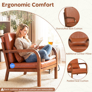 Modern Accent Chair Faux Leather Linen Fabric Upholstered Armchair-Brown view 7