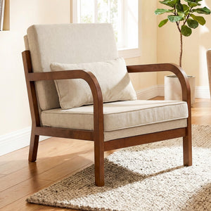 Modern Accent Chair Faux Leather Linen Fabric Upholstered Armchair-White view 2