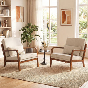 Modern Accent Chair Faux Leather Linen Fabric Upholstered Armchair-White view 5