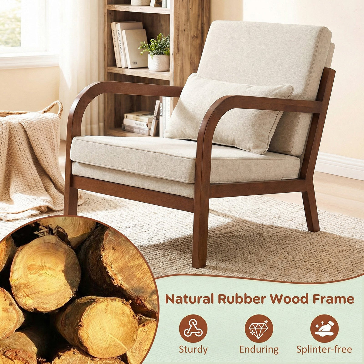 Modern Accent Chair Faux Leather Linen Fabric Upholstered Armchair-White view 6