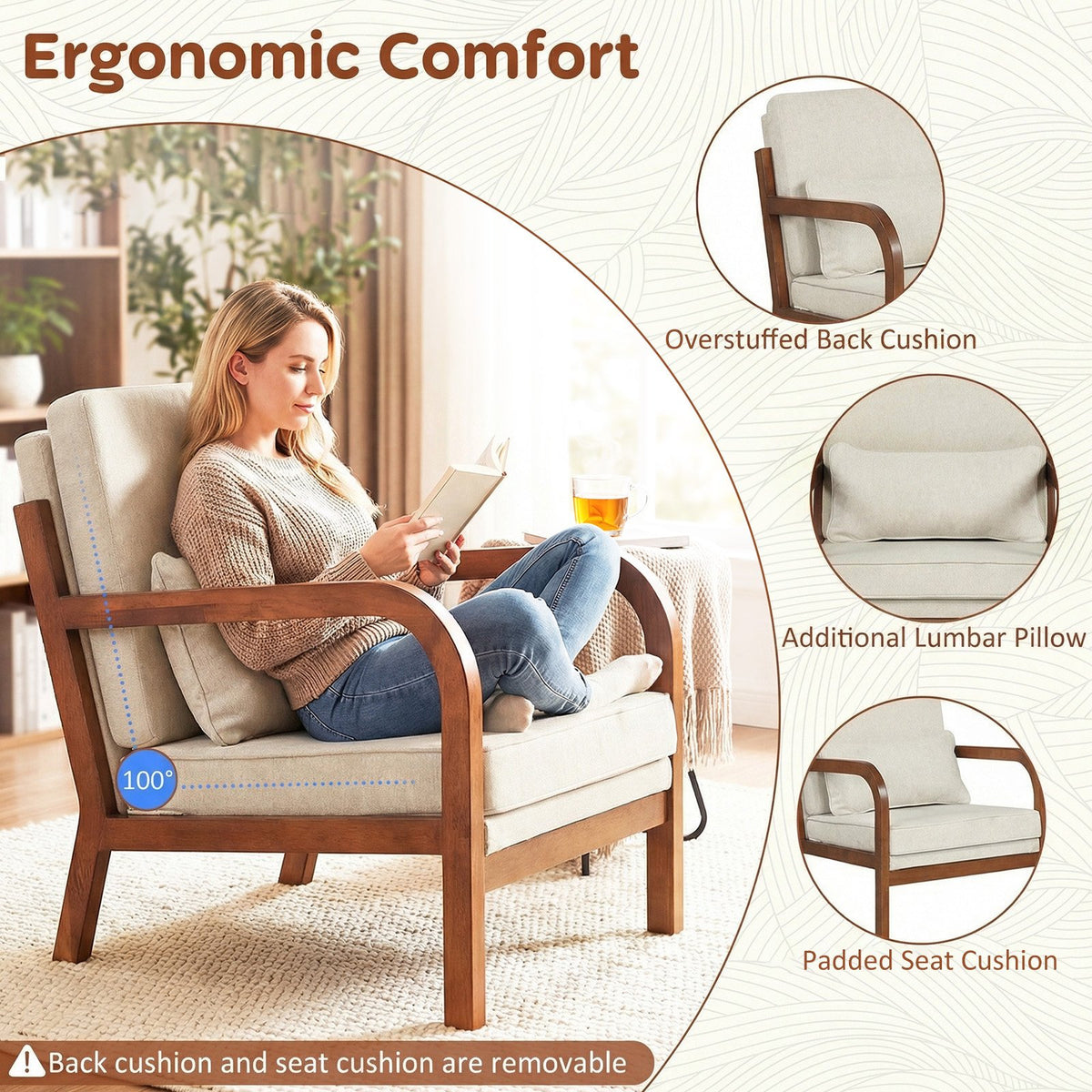 Modern Accent Chair Faux Leather Linen Fabric Upholstered Armchair-White view 7