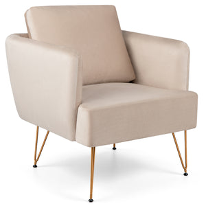 Modern Accent Chair w/Back Cushion & Golden Metal Legs for Living Room Bedroom-Beige