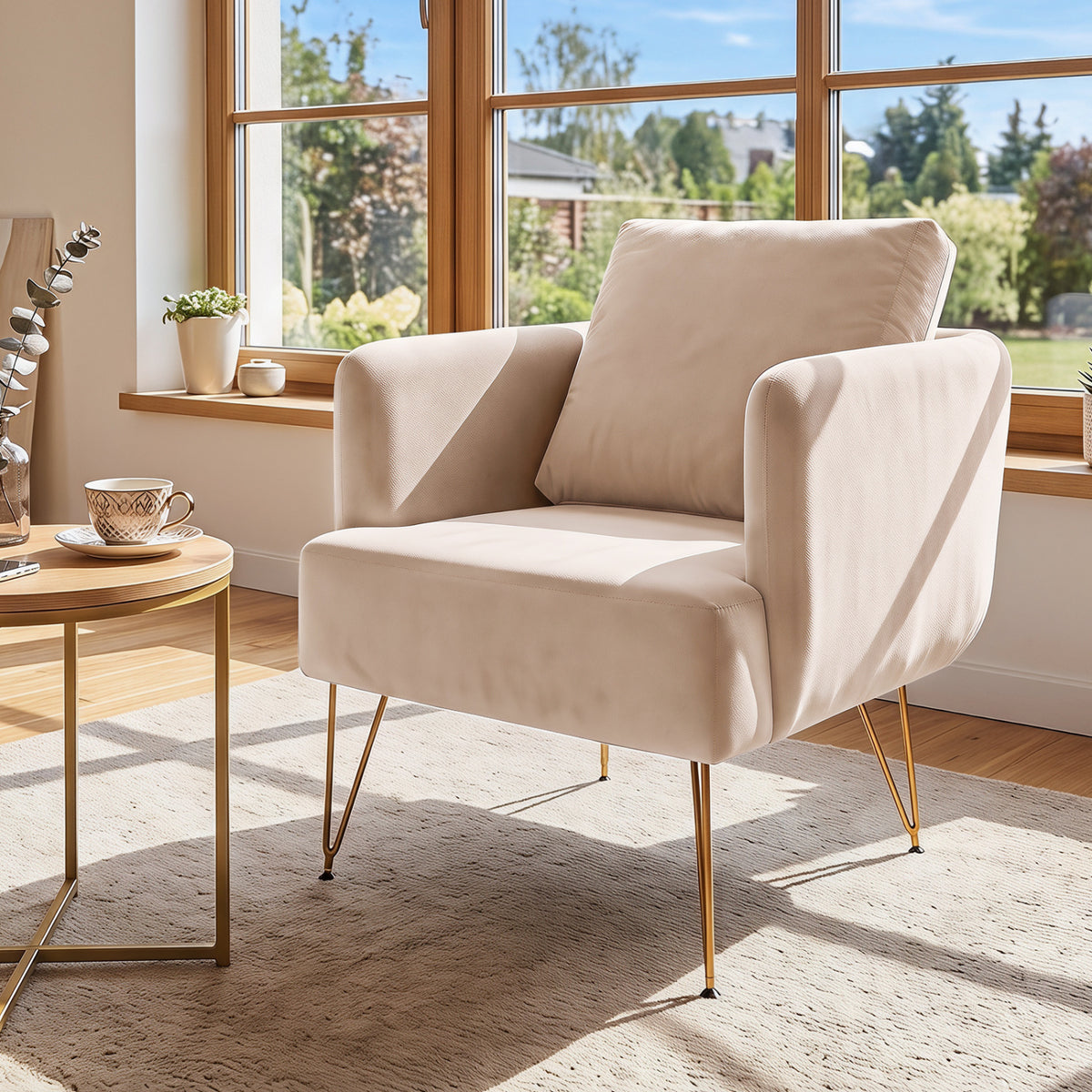 Modern Accent Chair w/Back Cushion & Golden Metal Legs for Living Room Bedroom-Beige view 2