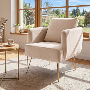 Modern Accent Chair w/Back Cushion & Golden Metal Legs for Living Room Bedroom-Beige view 2