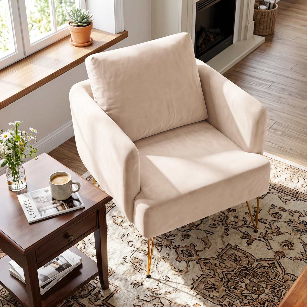 Modern Accent Chair w/Back Cushion & Golden Metal Legs for Living Room Bedroom-Beige view 3
