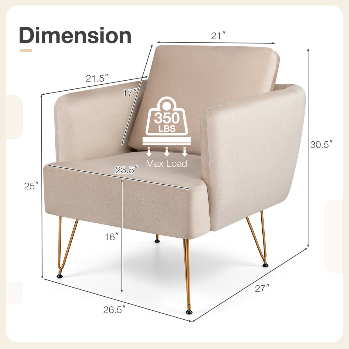Modern Accent Chair w/Back Cushion & Golden Metal Legs for Living Room Bedroom-Beige view 4