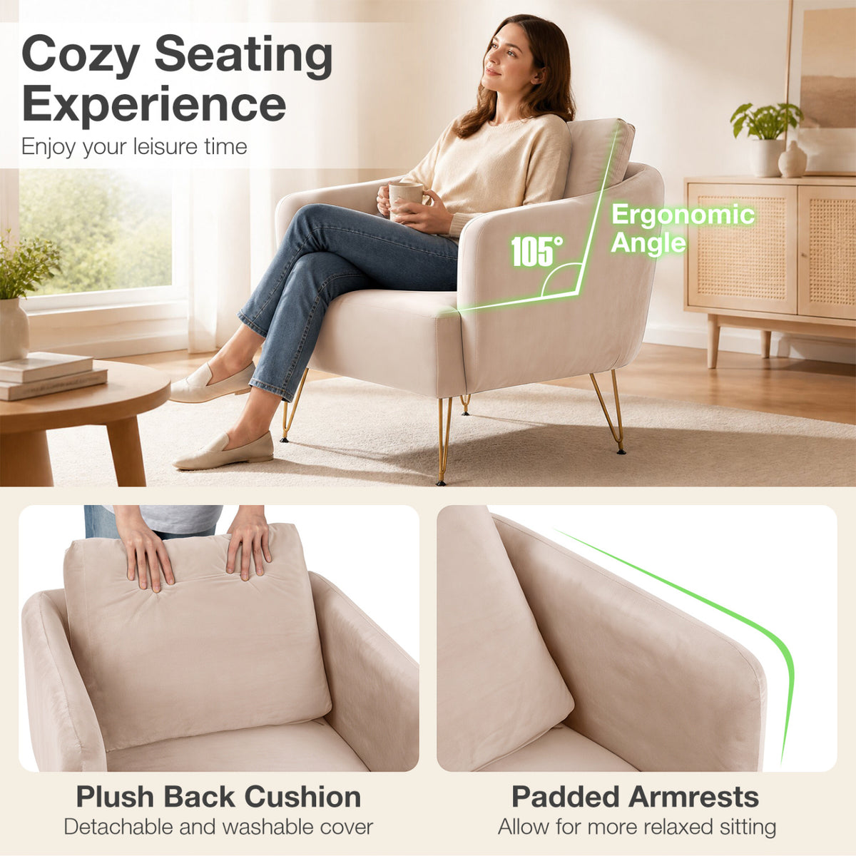 Modern Accent Chair w/Back Cushion & Golden Metal Legs for Living Room Bedroom-Beige view 6