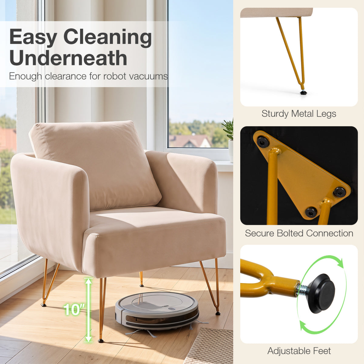 Modern Accent Chair w/Back Cushion & Golden Metal Legs for Living Room Bedroom-Beige view 7