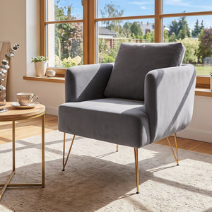Modern Accent Chair w/Back Cushion & Golden Metal Legs for Living Room Bedroom-Gray view 2