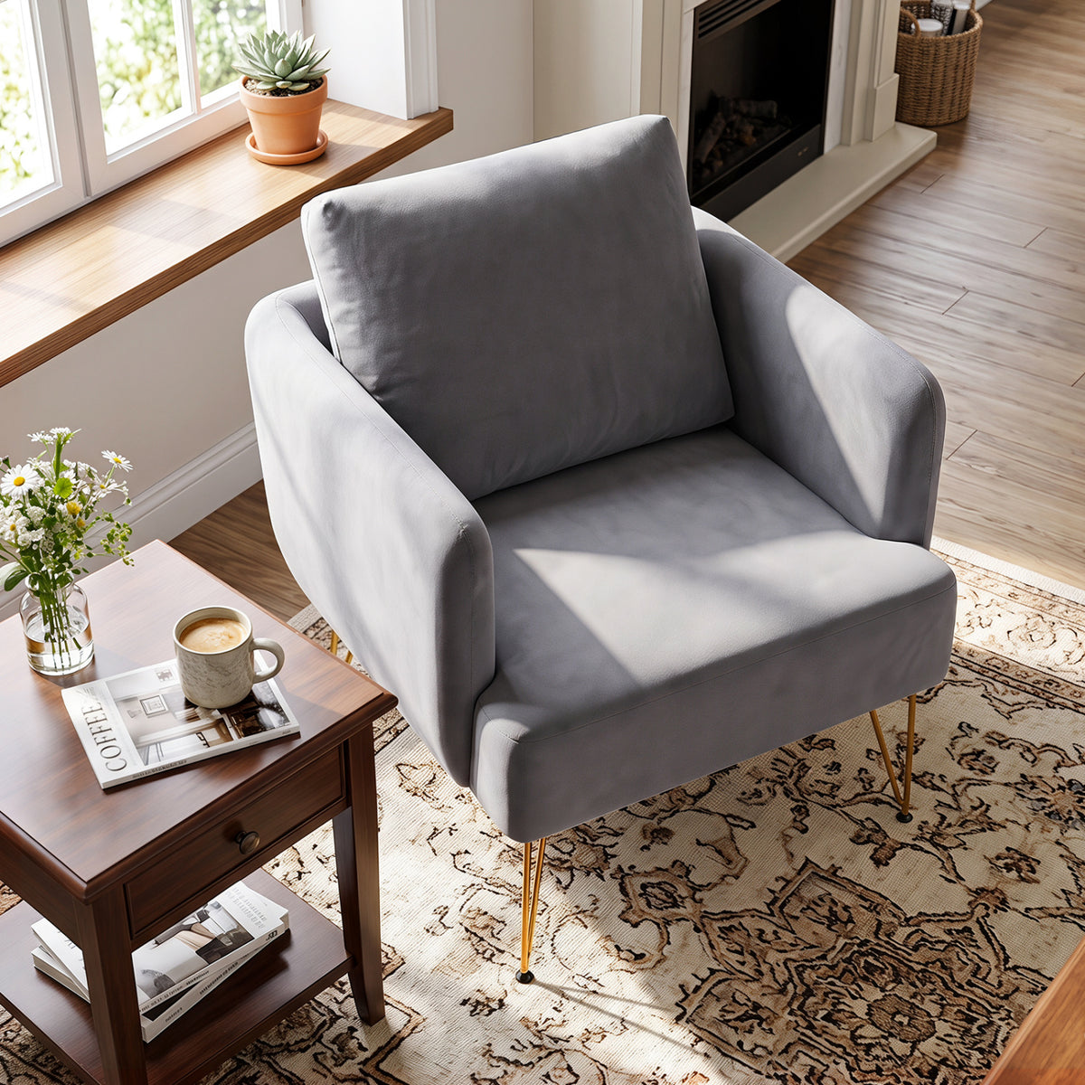 Modern Accent Chair w/Back Cushion & Golden Metal Legs for Living Room Bedroom-Gray view 3