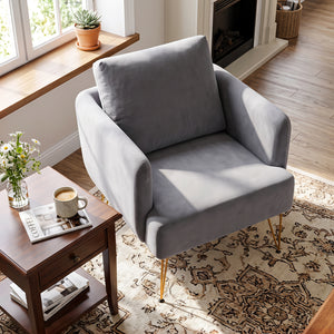 Modern Accent Chair w/Back Cushion & Golden Metal Legs for Living Room Bedroom-Gray view 3