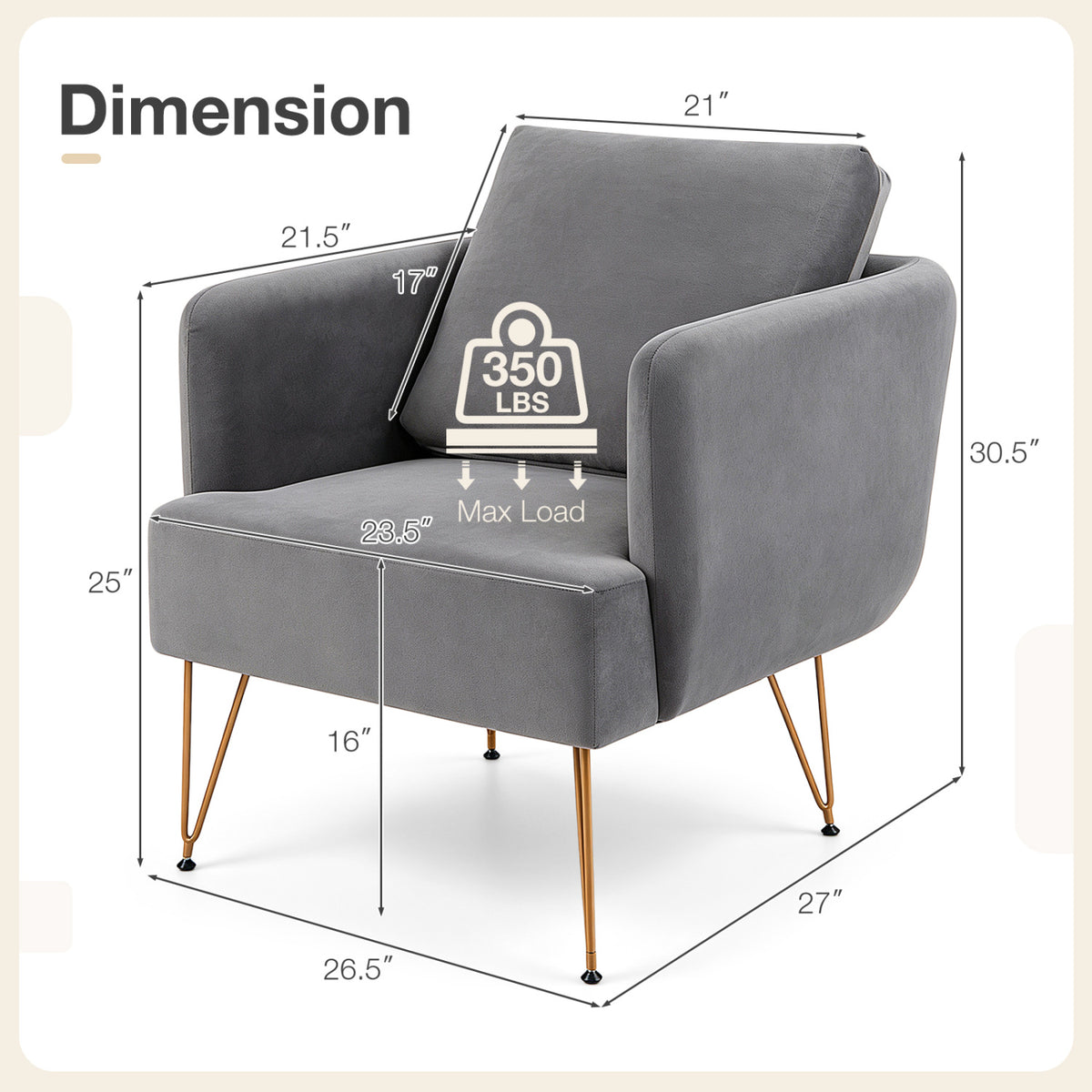 Modern Accent Chair w/Back Cushion & Golden Metal Legs for Living Room Bedroom-Gray view 4