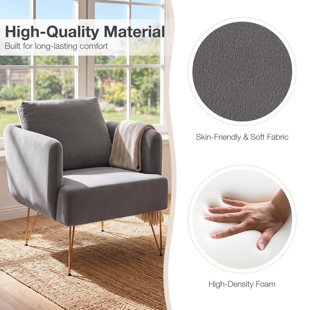 Modern Accent Chair w/Back Cushion & Golden Metal Legs for Living Room Bedroom-Gray view 5