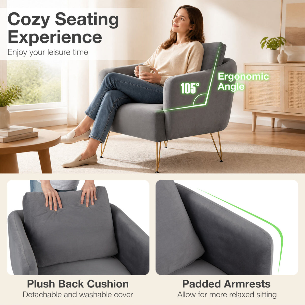 Modern Accent Chair w/Back Cushion & Golden Metal Legs for Living Room Bedroom-Gray view 6