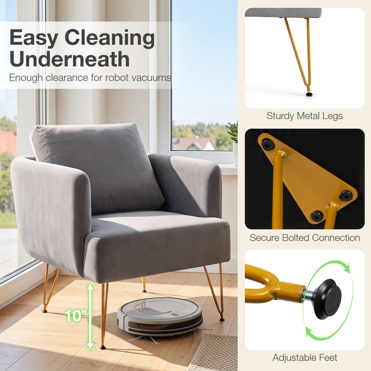 Modern Accent Chair w/Back Cushion & Golden Metal Legs for Living Room Bedroom-Gray view 7