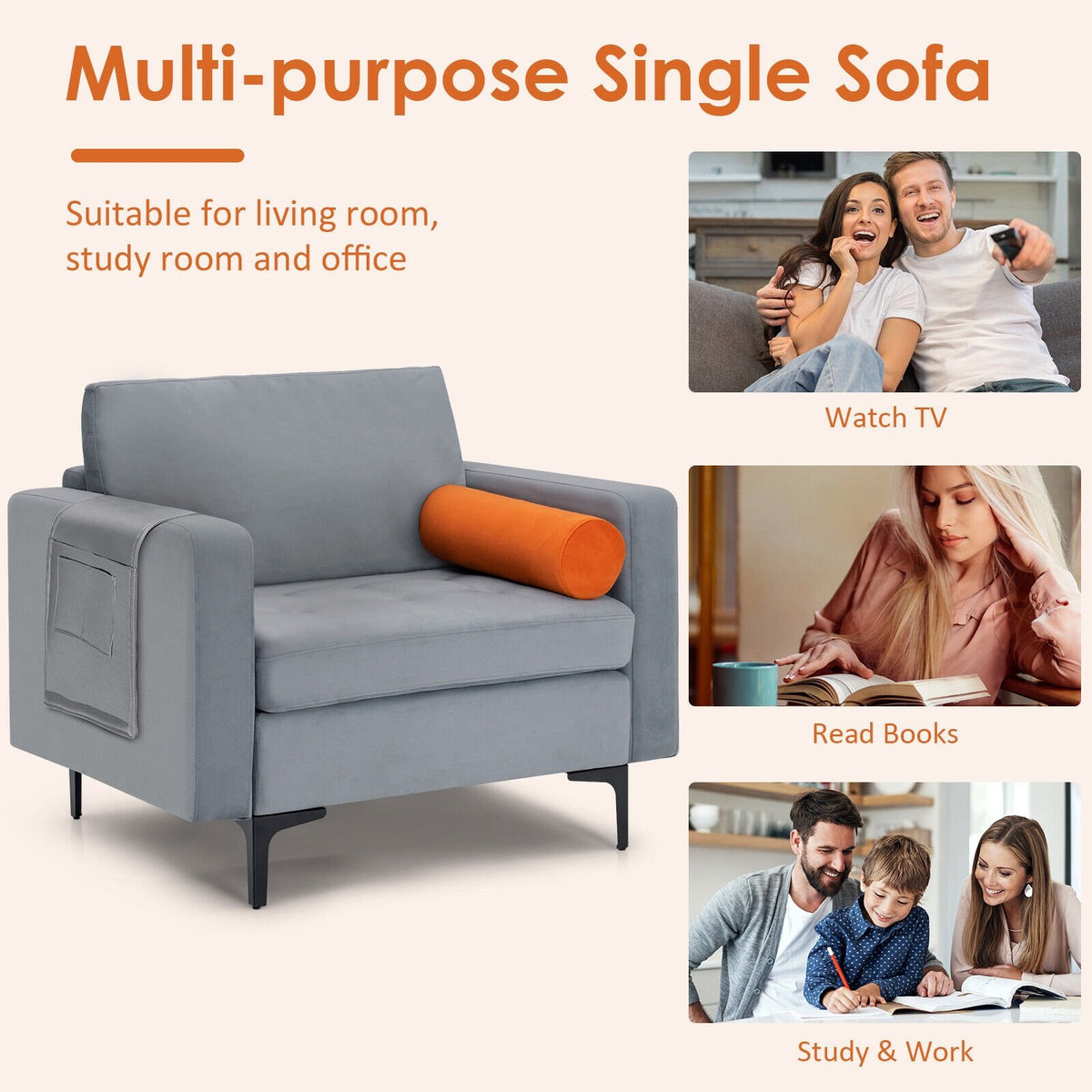 Modern Accent Chair with Bolster and Side Storage Pocket-Gray view 5