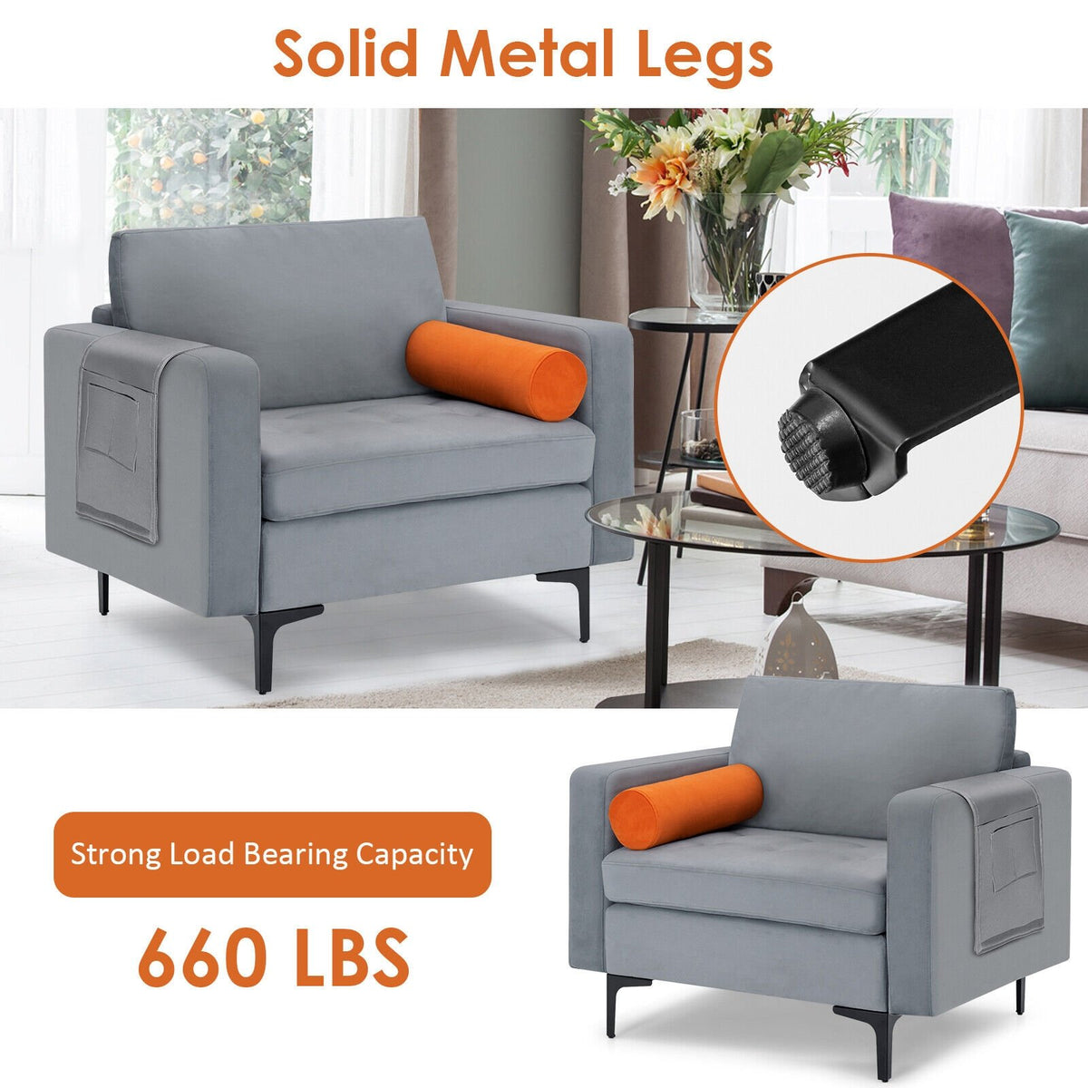 Modern Accent Chair with Bolster and Side Storage Pocket-Gray view 8