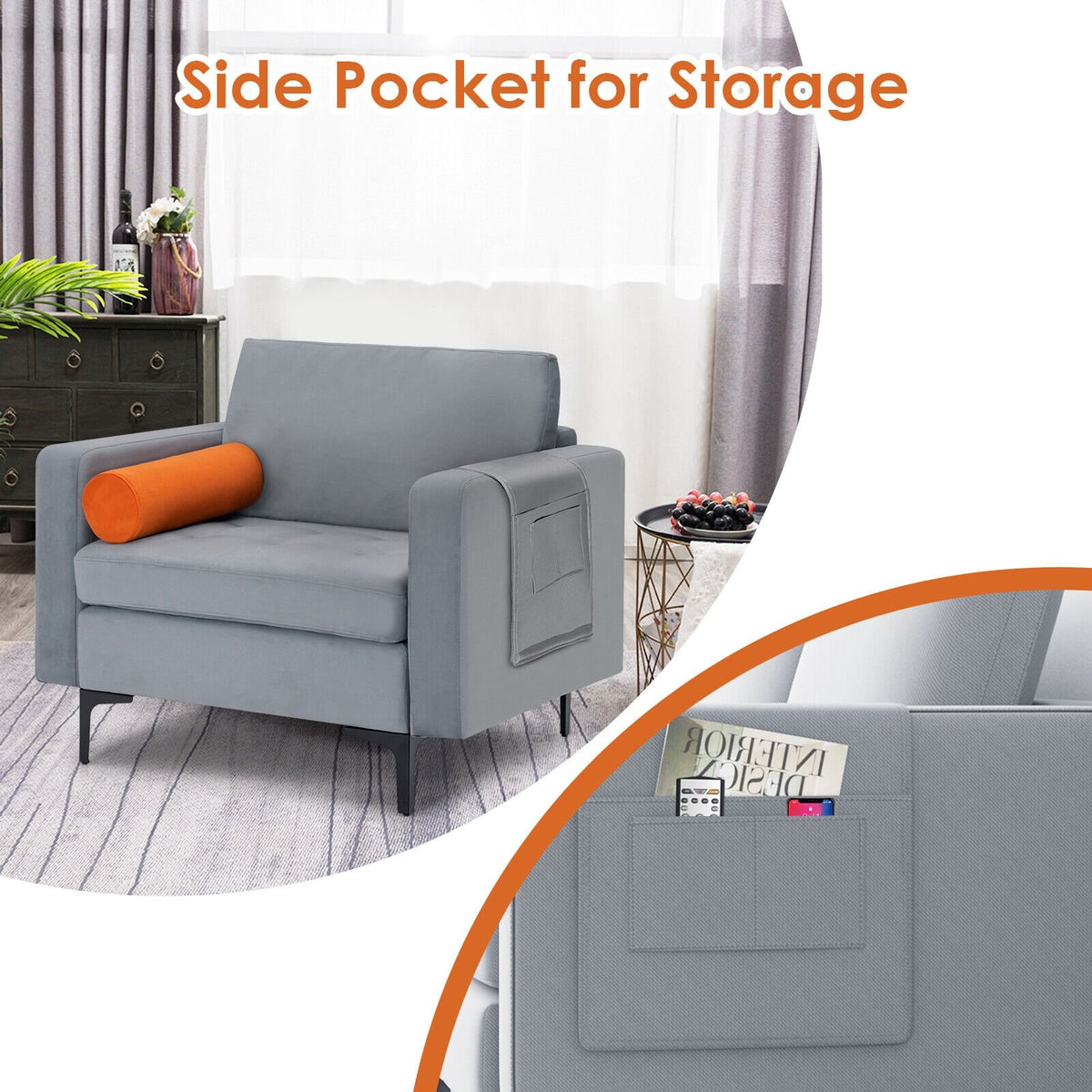 Modern Accent Chair with Bolster and Side Storage Pocket-Gray view 9