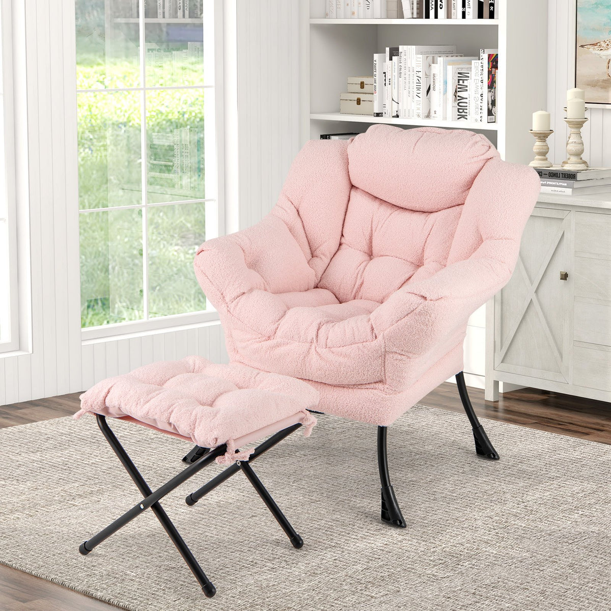 Modern Accent Chair with Folding Footrest and Head Pillow-Pink view 3