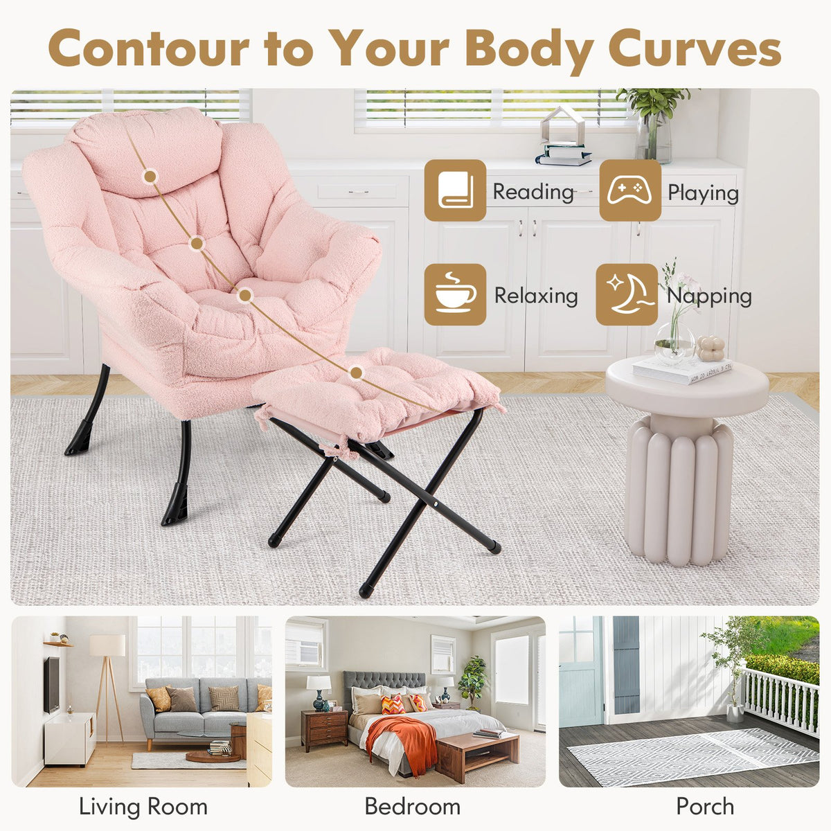 Modern Accent Chair with Folding Footrest and Head Pillow-Pink view 8