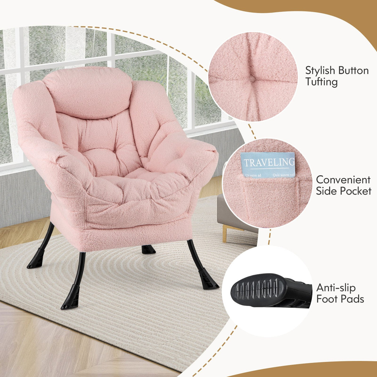 Modern Accent Chair with Folding Footrest and Head Pillow-Pink view 9