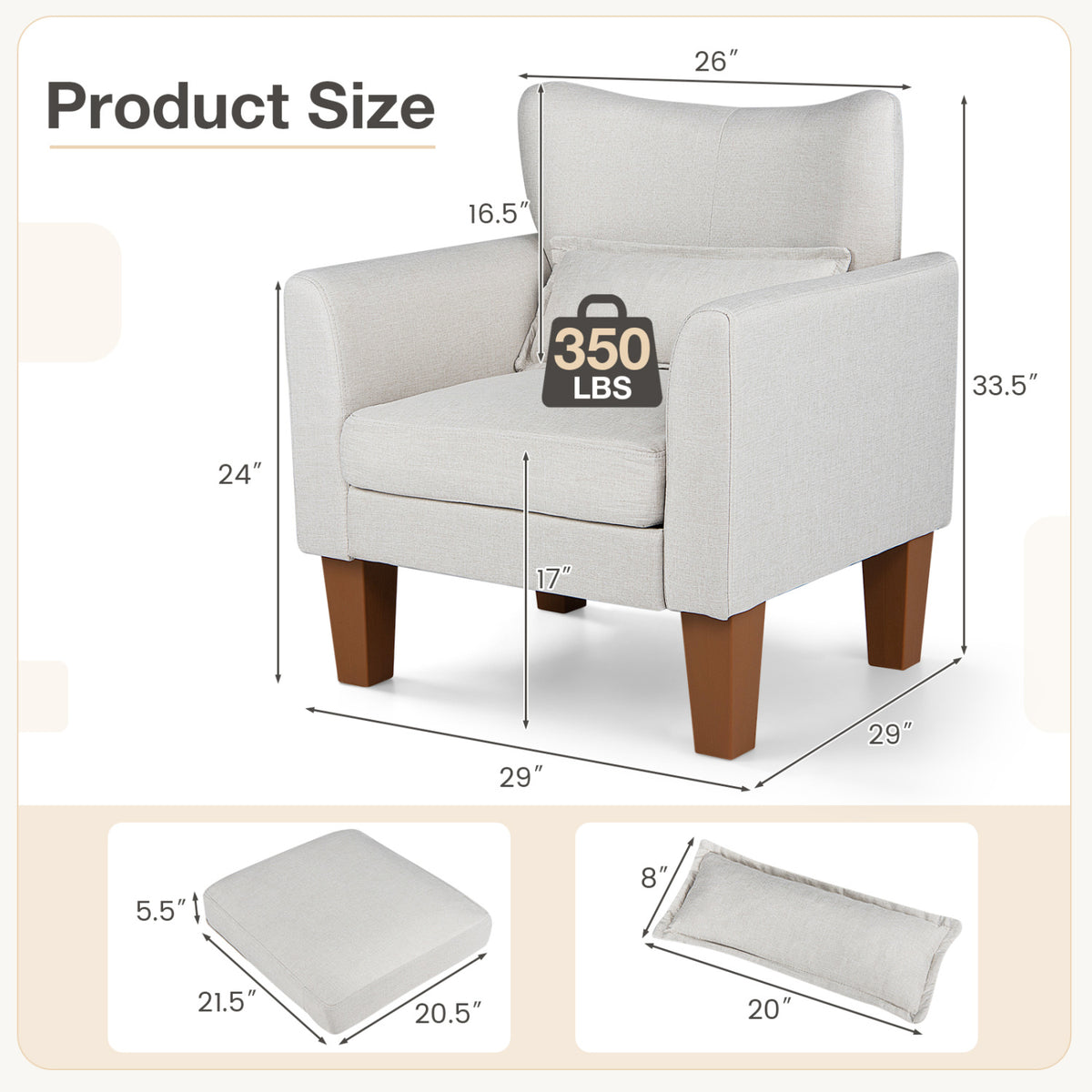 Modern Accent Chair with Removable Cushion & Pillow for Living Room-Beige view 5