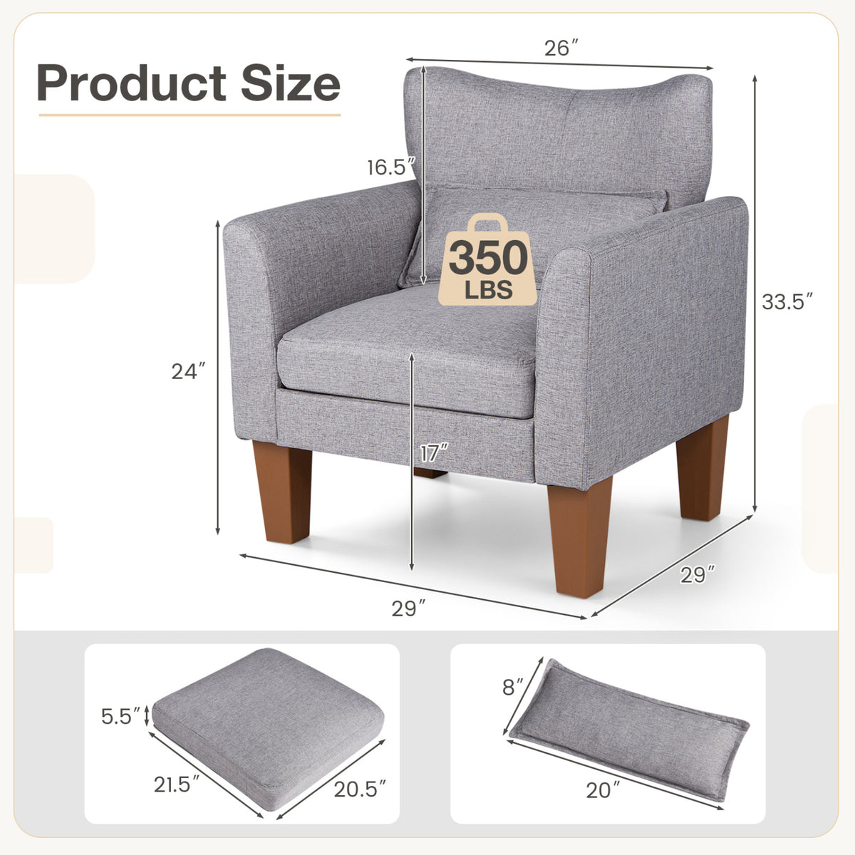 Modern Accent Chair with Removable Cushion & Pillow for Living Room-Gray view 5
