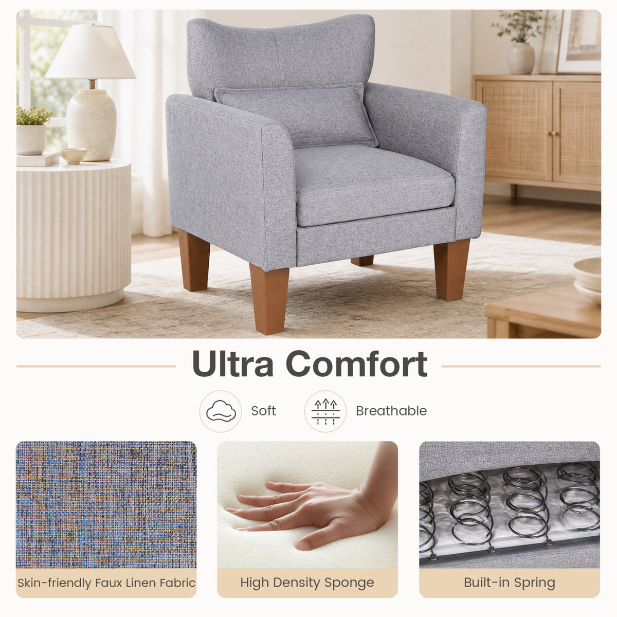 Modern Accent Chair with Removable Cushion & Pillow for Living Room-Gray view 7