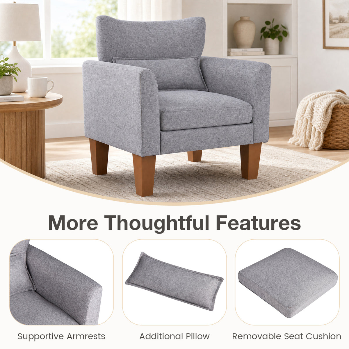Modern Accent Chair with Removable Cushion & Pillow for Living Room-Gray view 9