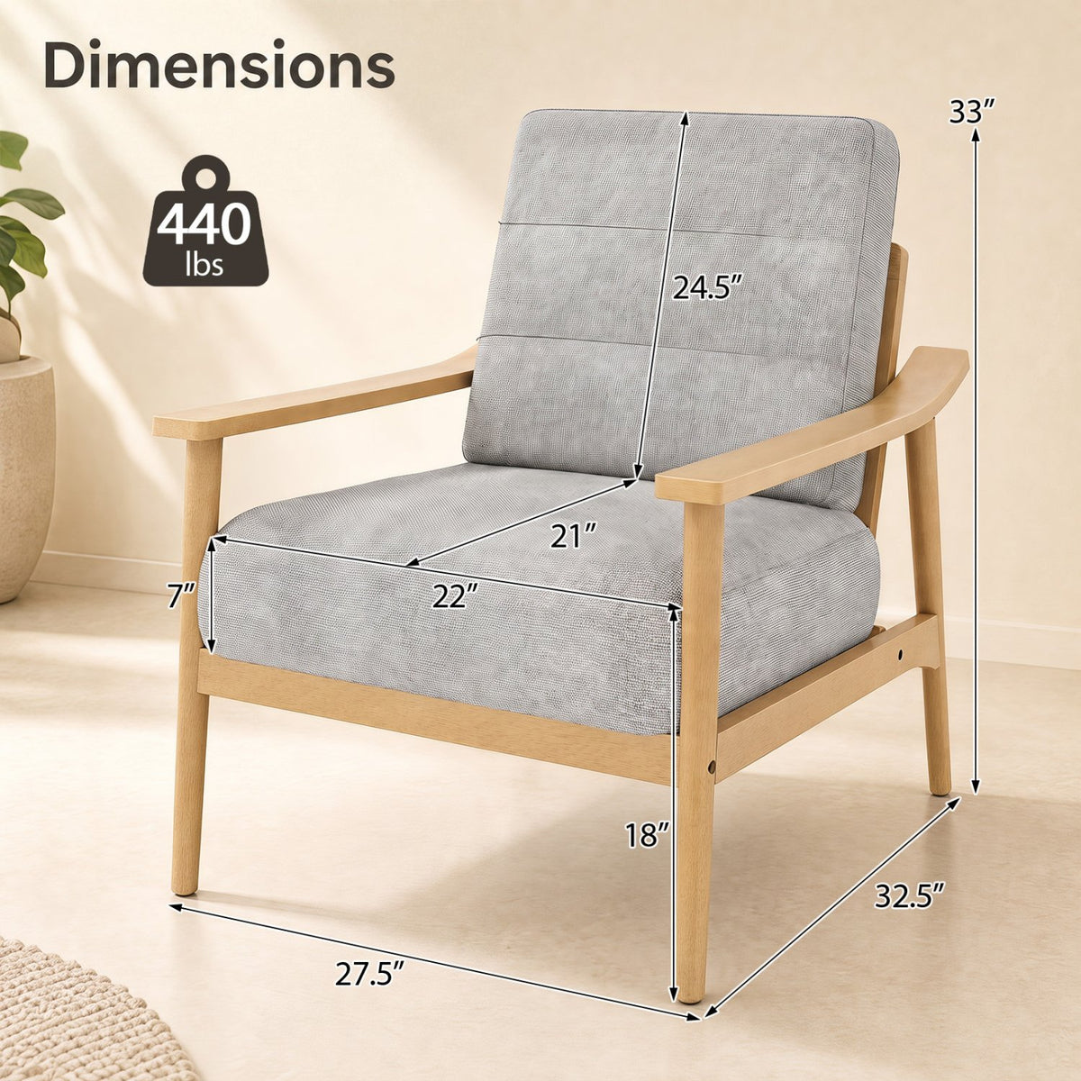 Modern Accent Chair with Rubber Wood Armrests and Legs for Living Room-Natural view 3