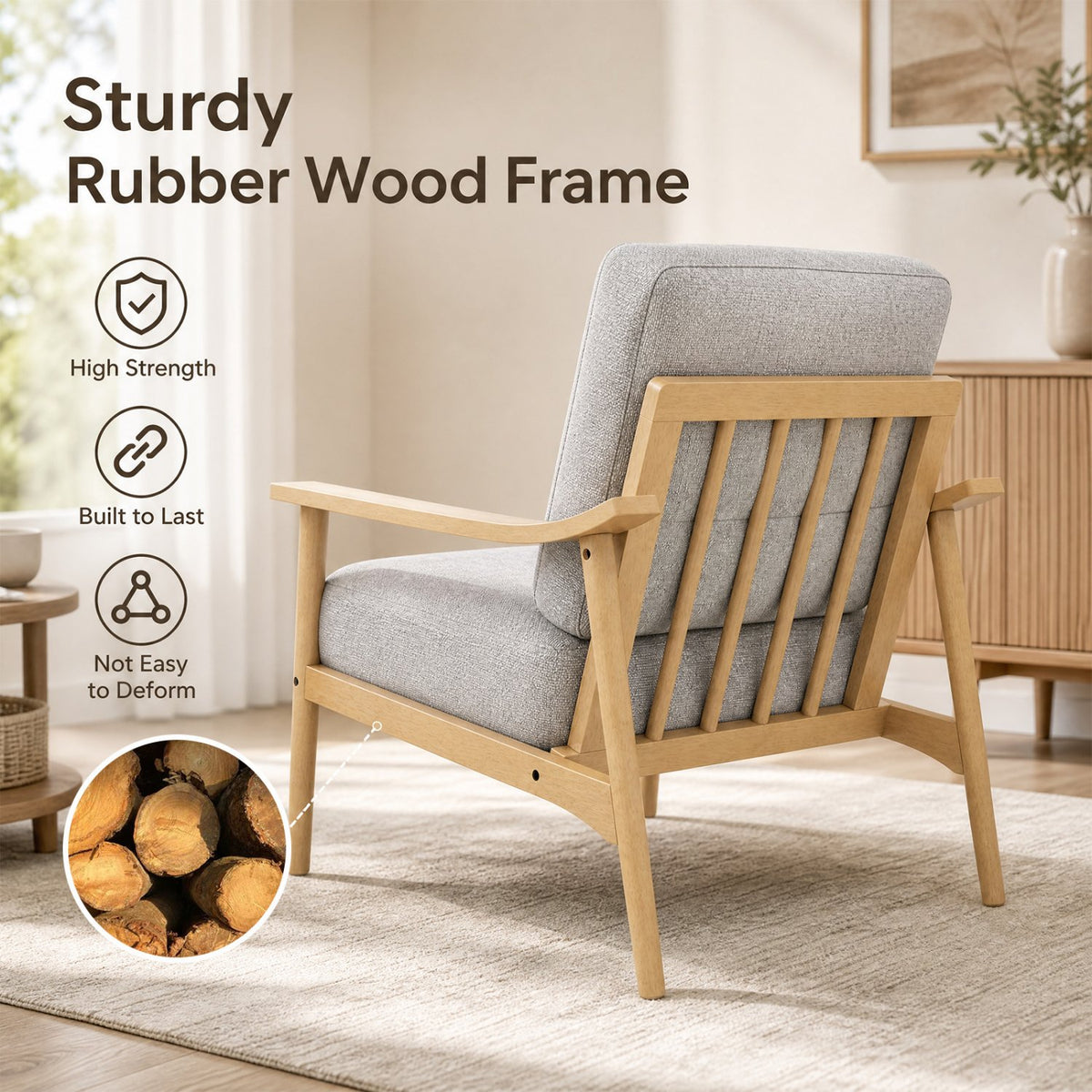 Modern Accent Chair with Rubber Wood Armrests and Legs for Living Room-Natural view 5